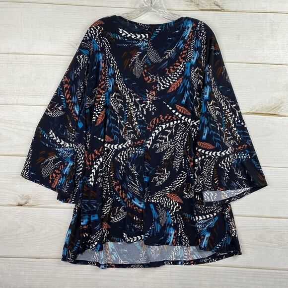 Catherines Top Womens 3X Southwestern Feathers Print Bell Sleeve Boho Stretch - Picture 9 of 9
